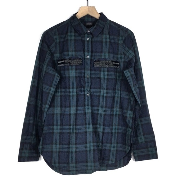J CREW Tartan Plaid Popover Top Beads Chevron Dark Academia Navy Blue Size 8 NWT - Picture 1 of 11